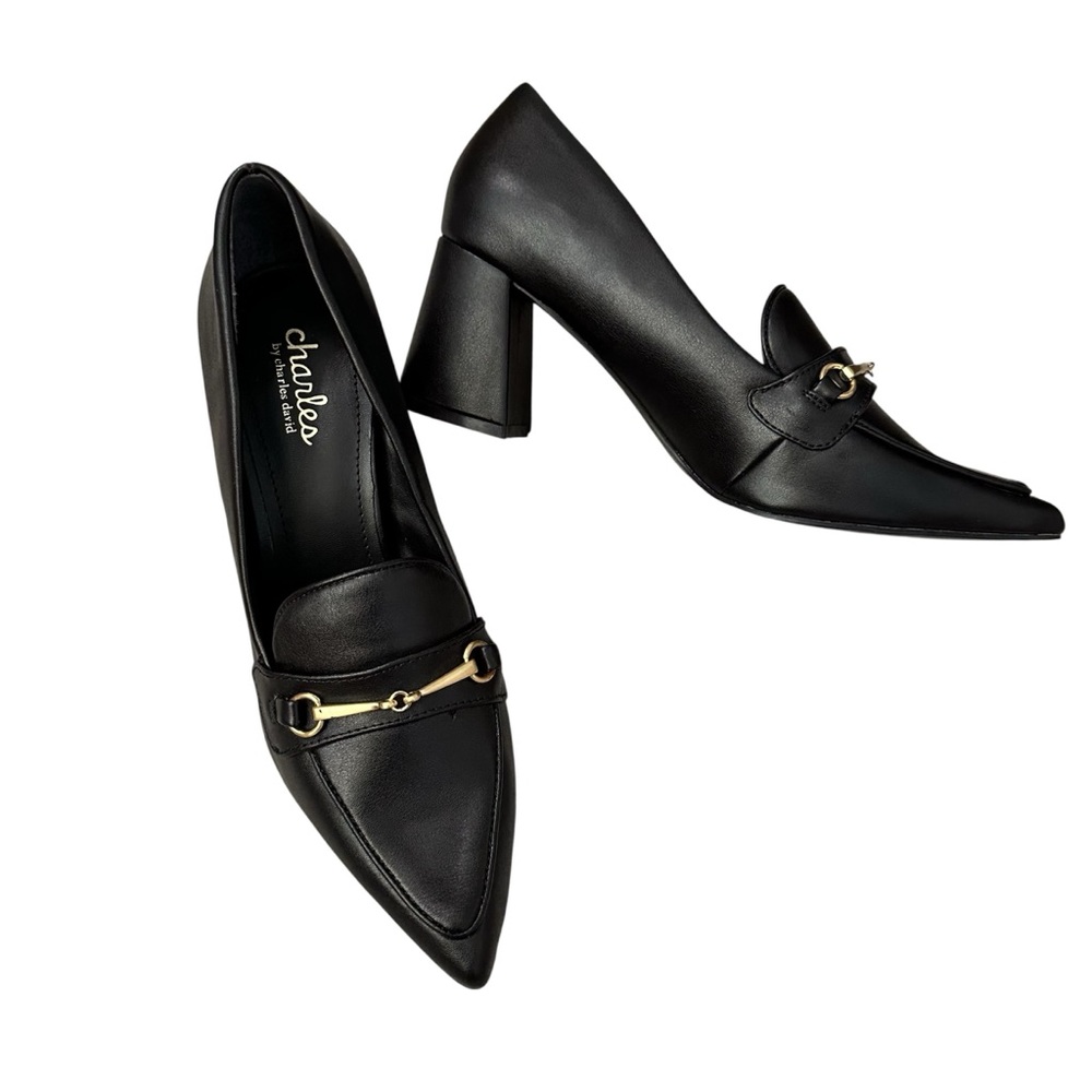 CHARLES DAVID Amity LoaferStyle BlockHeel Black Pump Gold Hardware PointedToe 9M